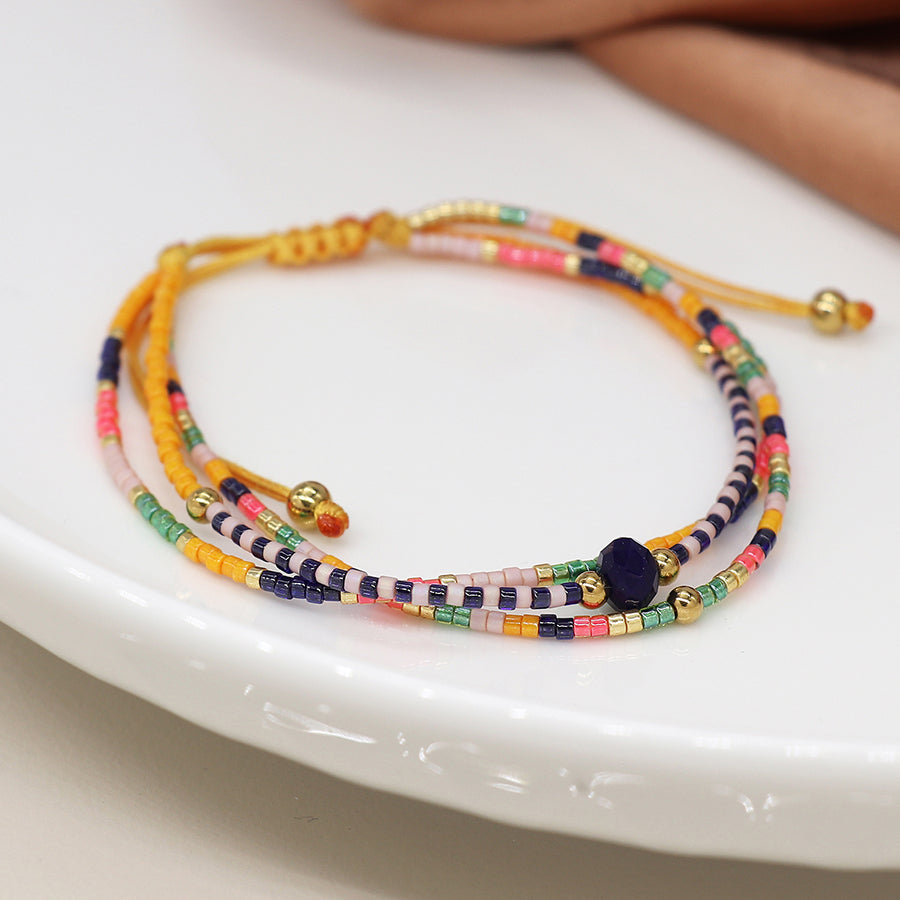4270 - Yellow & Navy Adjustable Beaded Bracelet