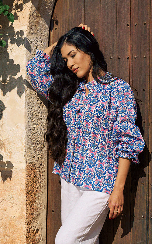 Olbia Blouse - Blue/Neon Pink