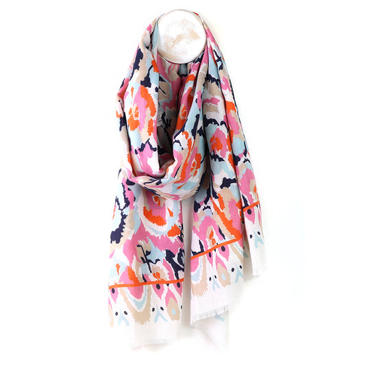 White & Coral Abstract Ikat Scarf