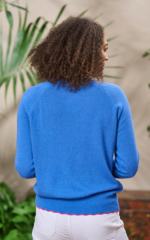 Bude - Blue/Pink, Scalloped Cashmere Blend Jumper
