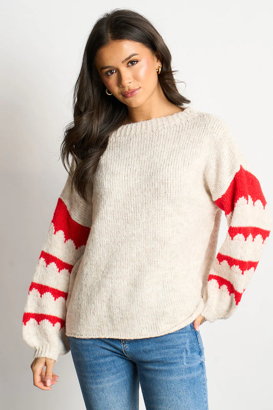 Wave Stripe Sleeved Jumper - Red/Cream