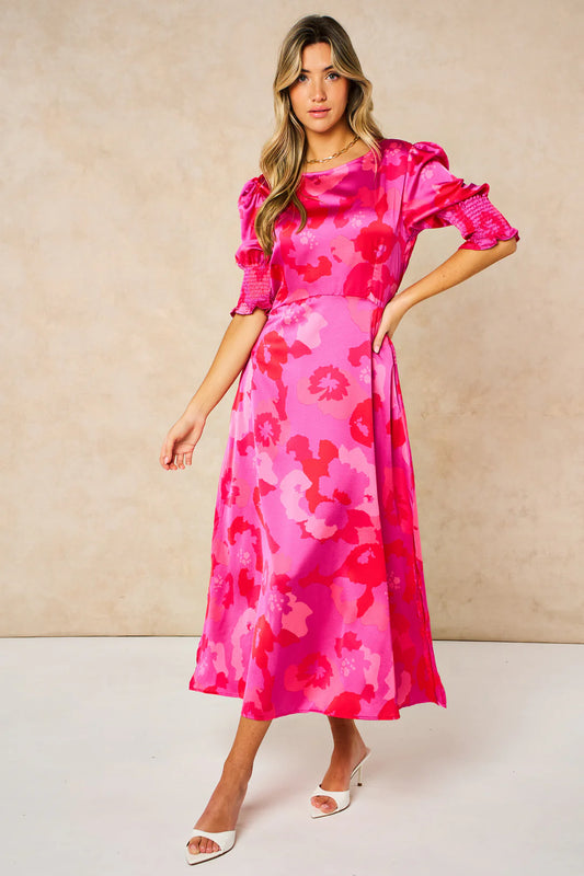 Floral Midi Tea Dress - Hot Pink