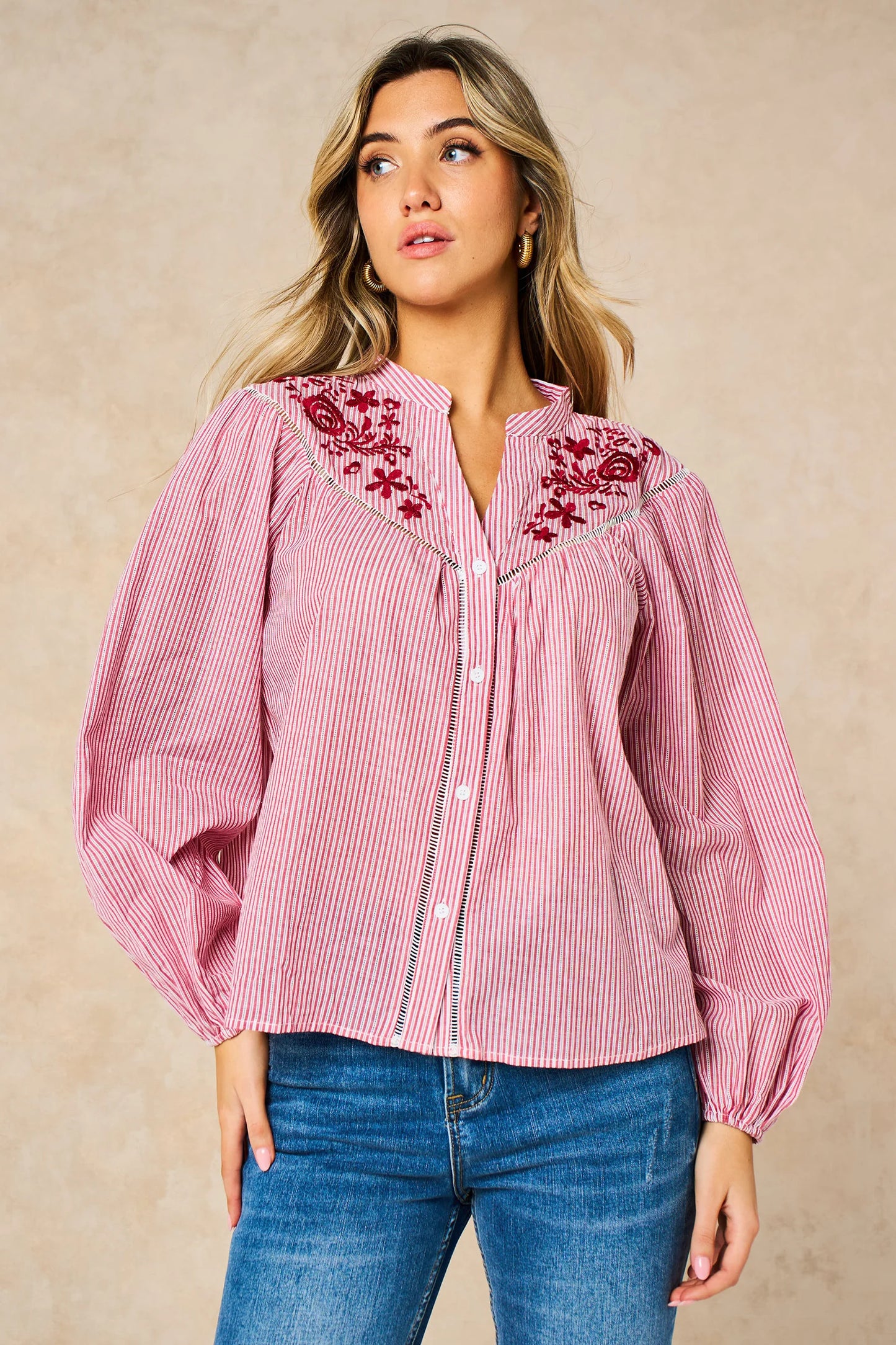 Embroidered Floral Stripe Blouse - Red