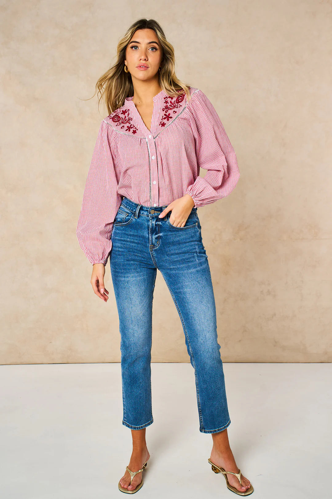 Embroidered Floral Stripe Blouse - Red