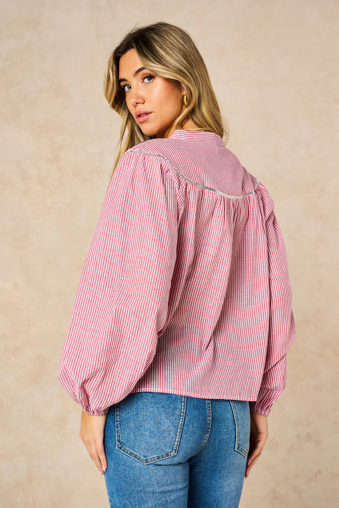 Embroidered Floral Stripe Blouse - Red