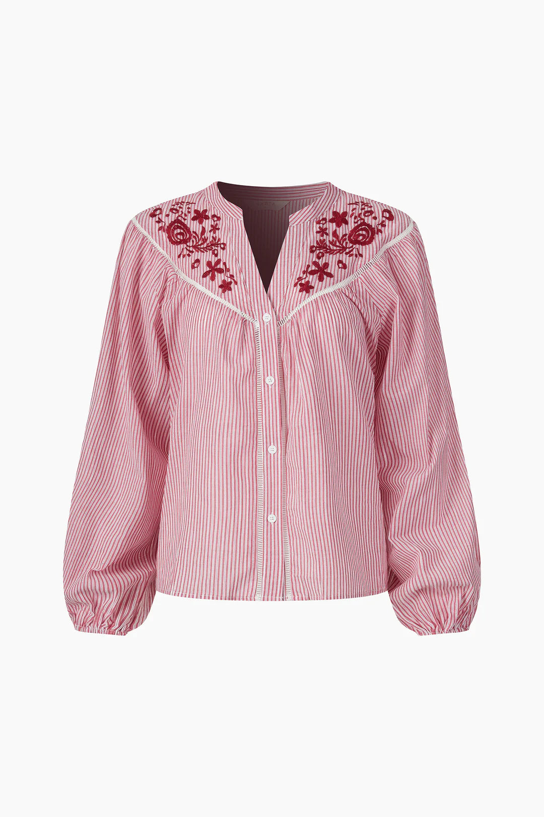 Embroidered Floral Stripe Blouse - Red
