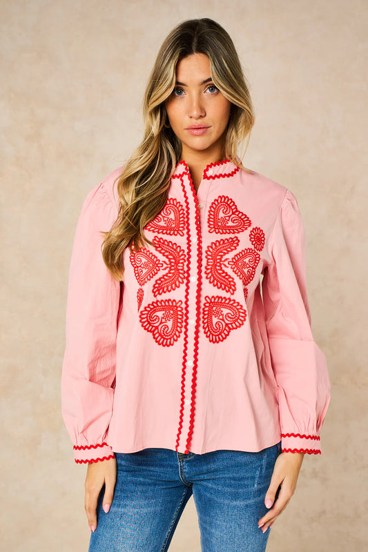 Embroidered Hearts Blouse - Pink & Red