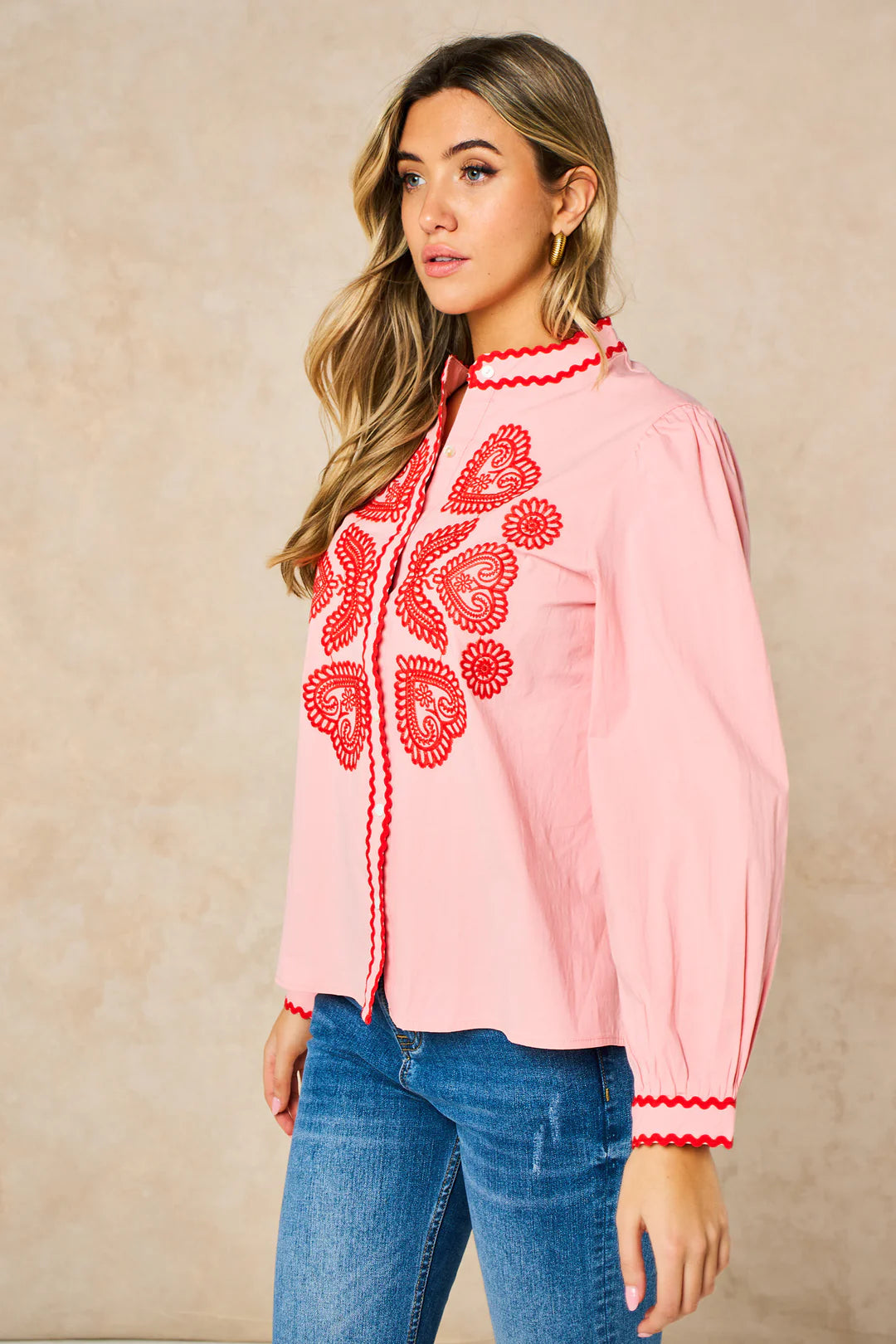 Embroidered Hearts Blouse - Pink & Red