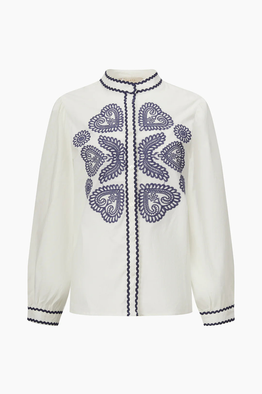 Embroidered Hearts Blouse - Blue & White