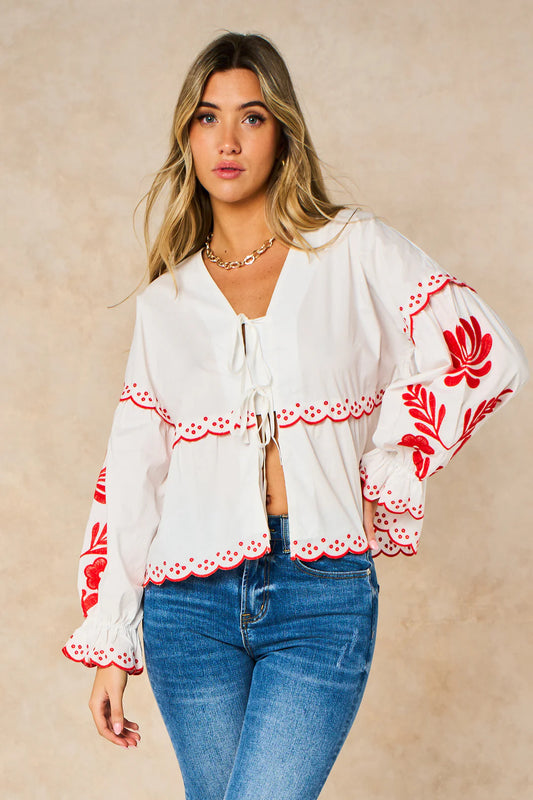 Embroidered Floral Tie Cotton Shirt