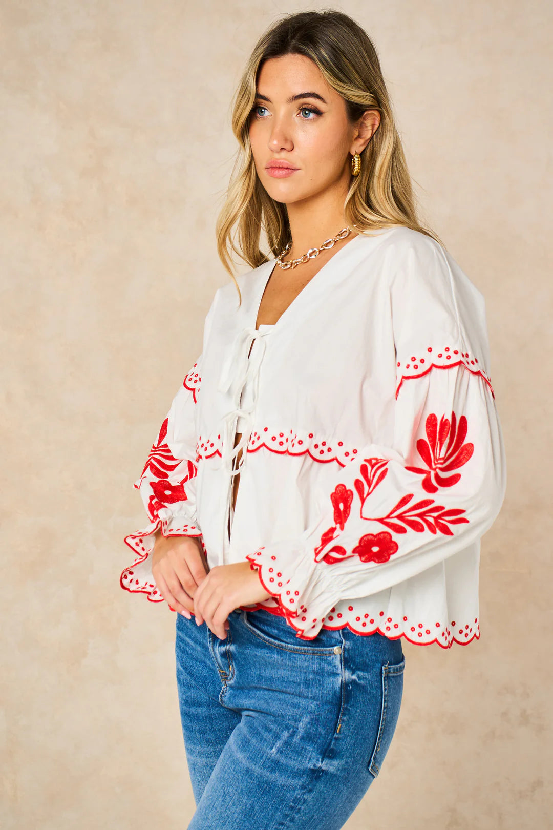 Embroidered Floral Tie Cotton Shirt