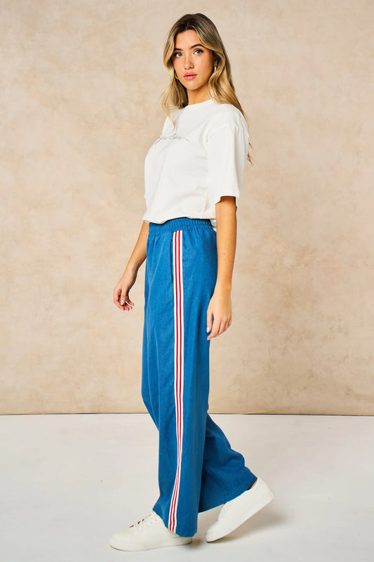 Stripe Trim, Wide Leg, Denim Trousers