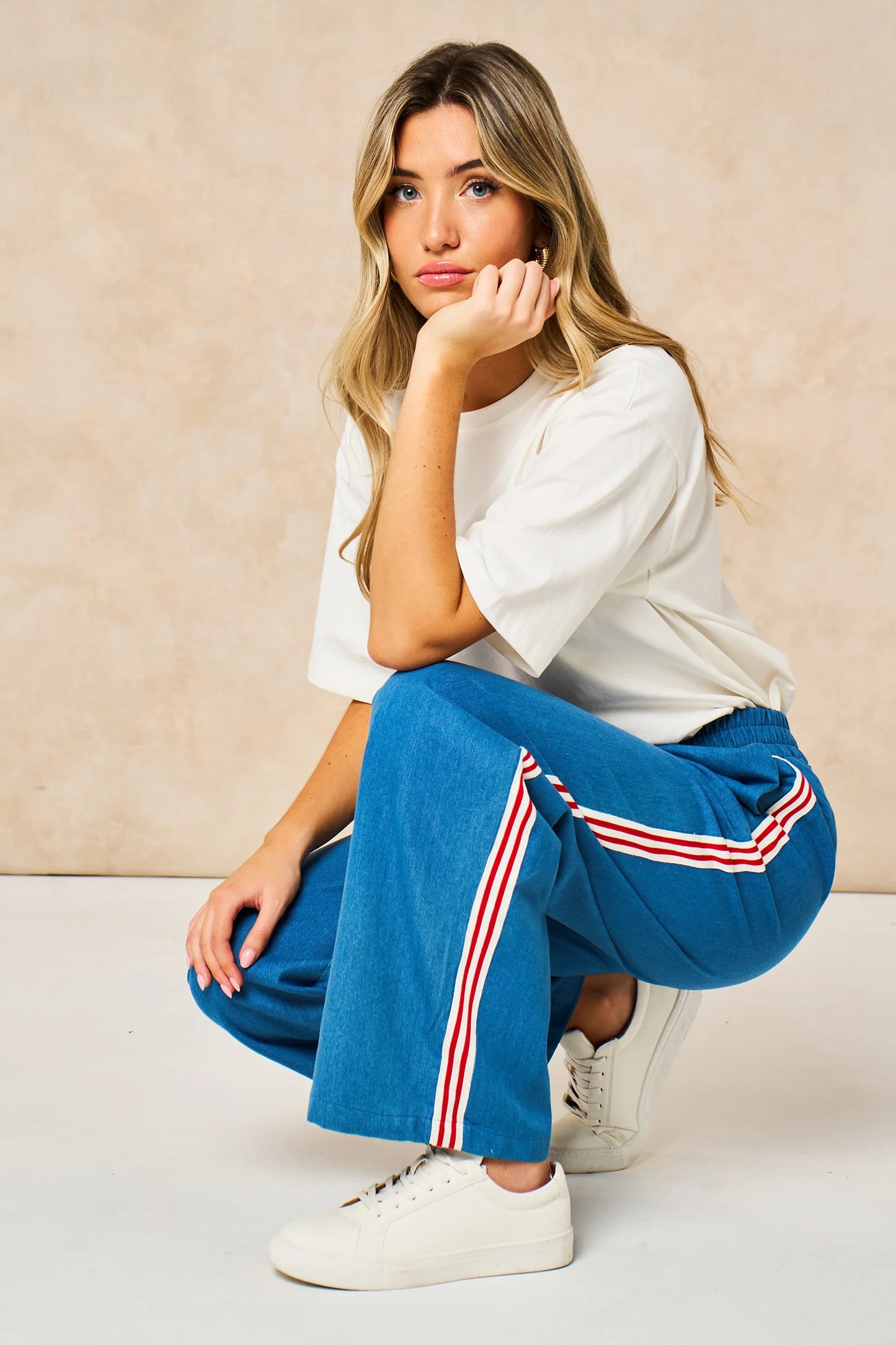 Stripe Trim, Wide Leg, Denim Trousers