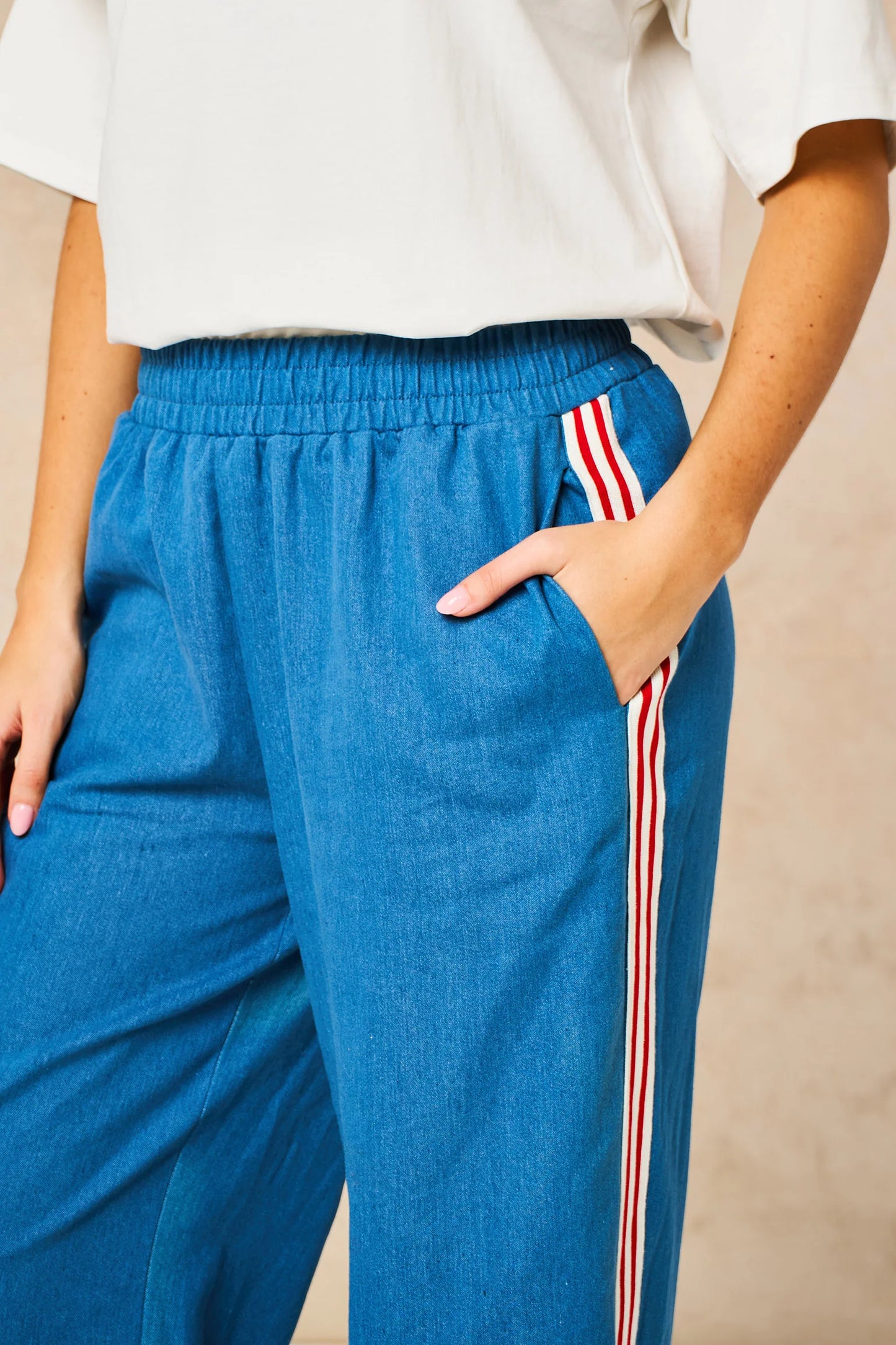 Stripe Trim, Wide Leg, Denim Trousers