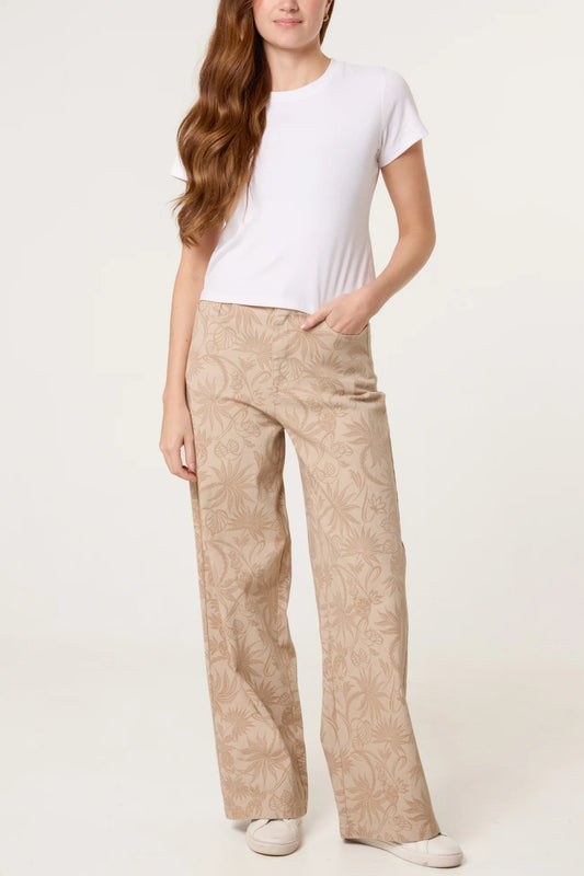 Stone, Floral Printed Wide Leg Jeans