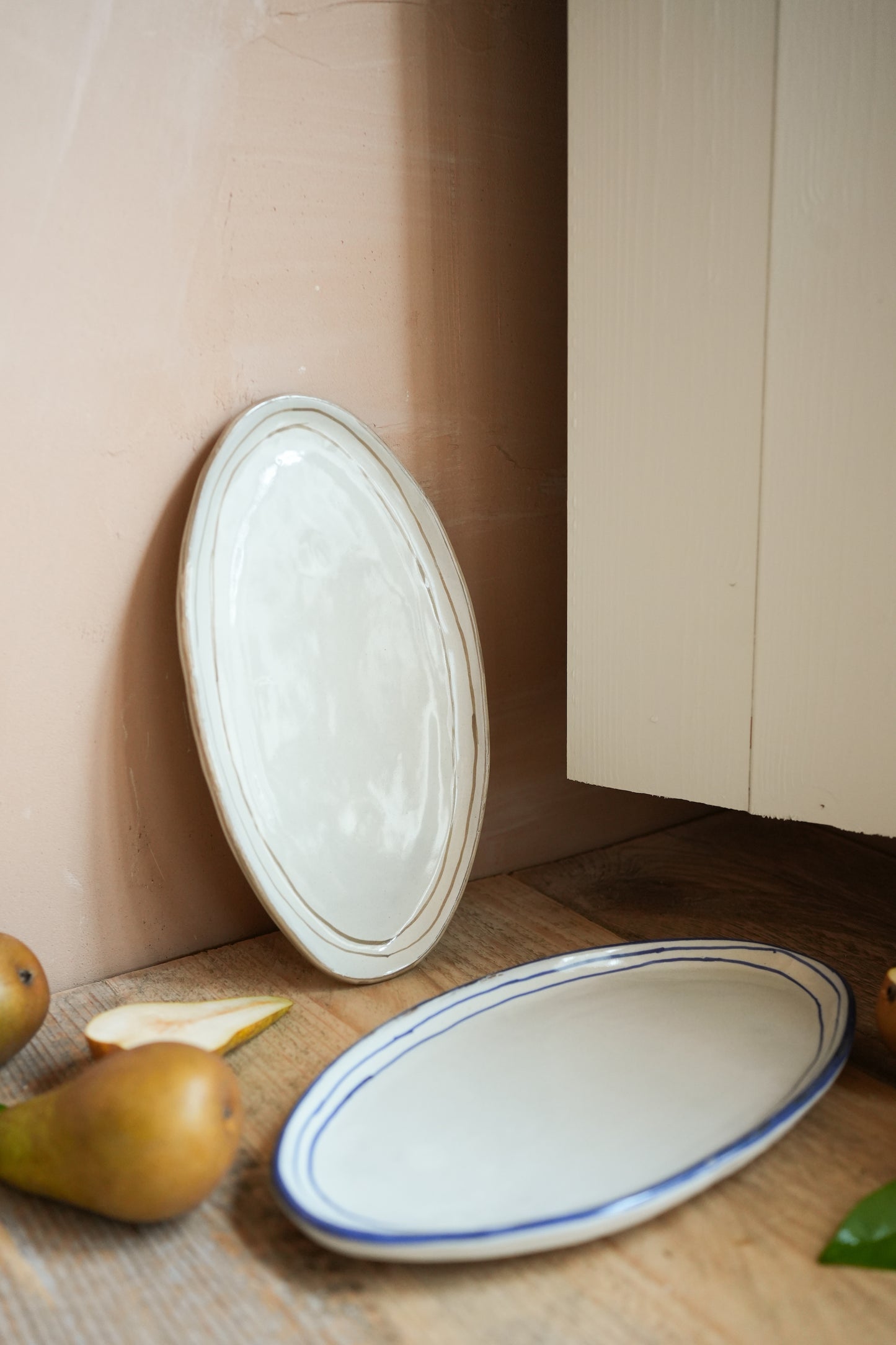 Hand Painted Breton Stripe Oval Plate - Taupe