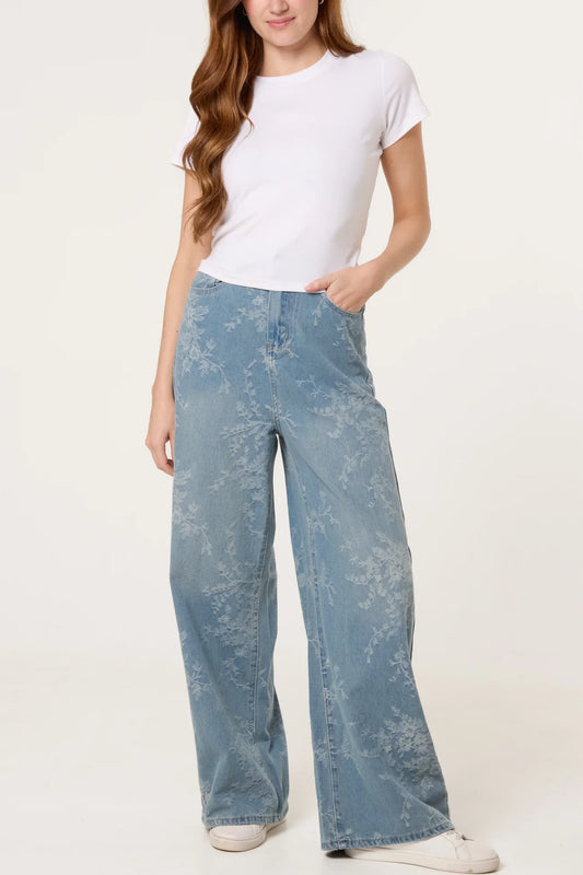 Wide Leg Floral Print Jeans