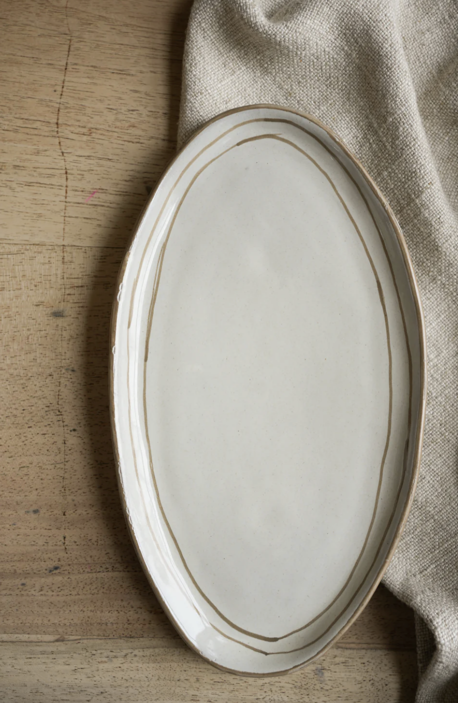 Hand Painted Breton Stripe Oval Plate - Taupe