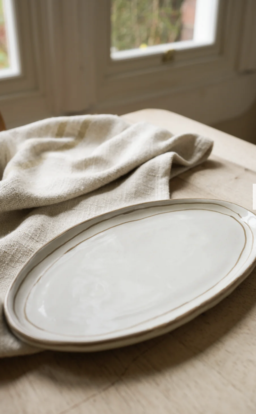 Hand Painted Breton Stripe Oval Plate - Taupe