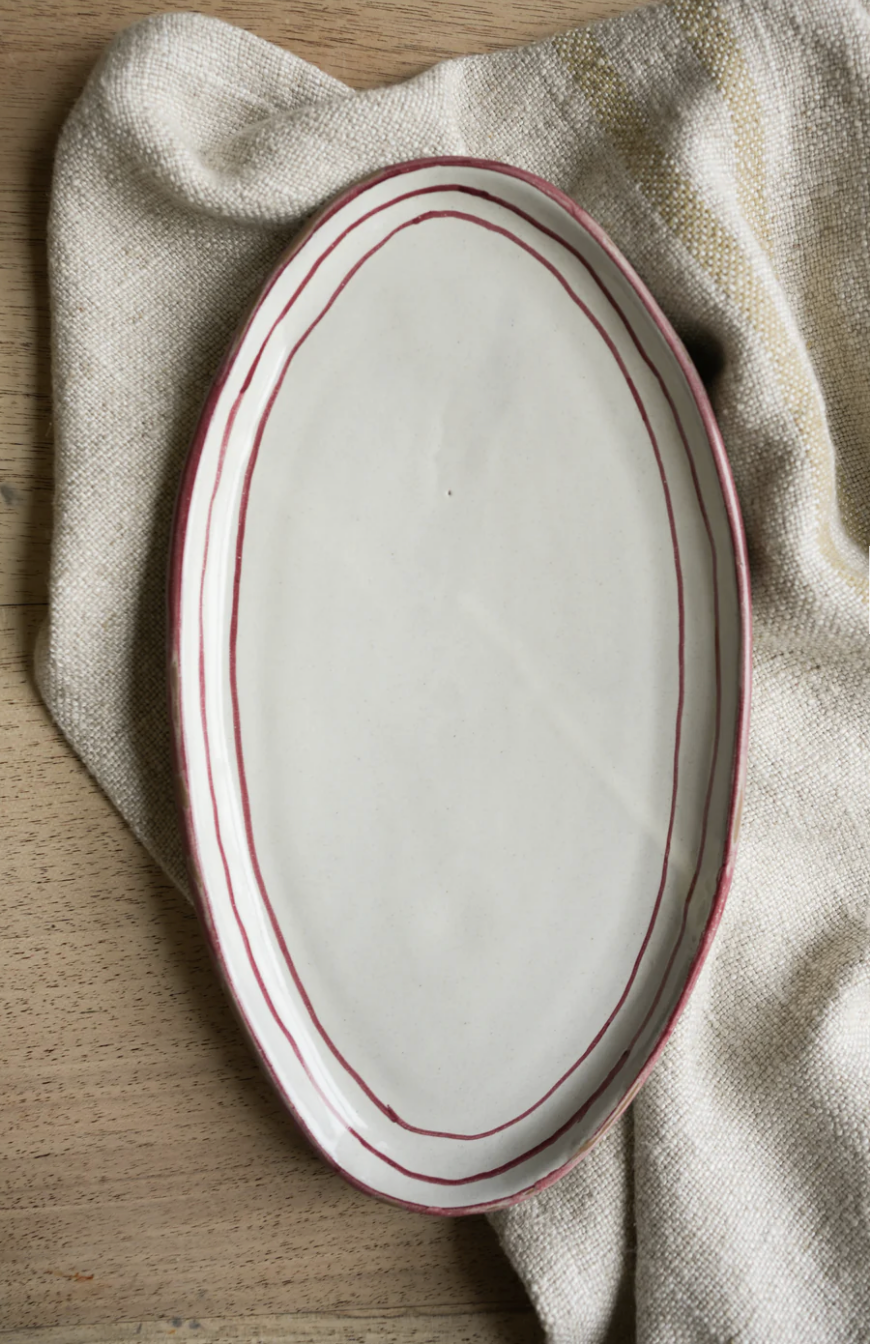 Hand Painted Breton Stripe Oval Plate - Brick