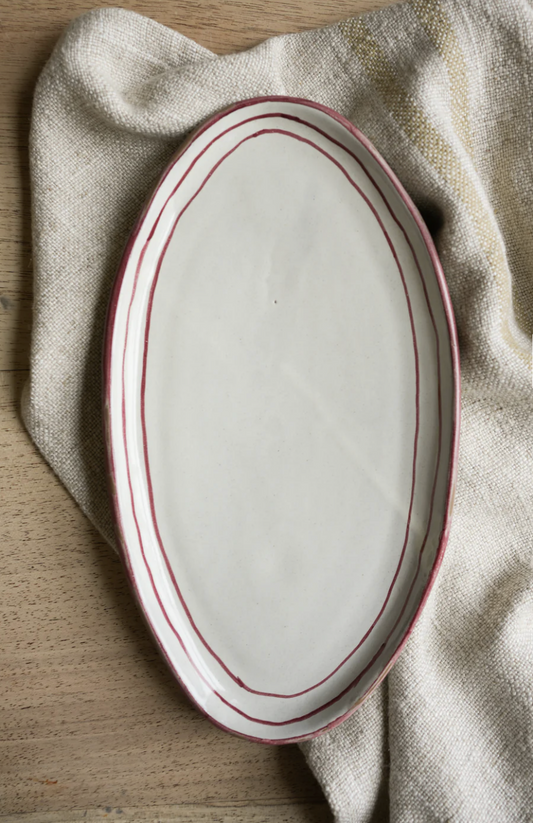 Hand Painted Breton Stripe Oval Plate - Brick