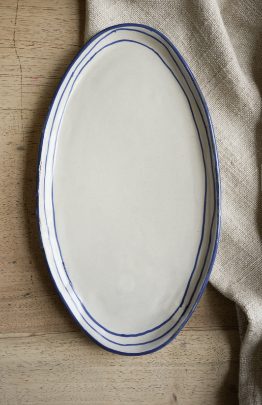 Hand Painted Breton Stripe Oval Plate - Ink
