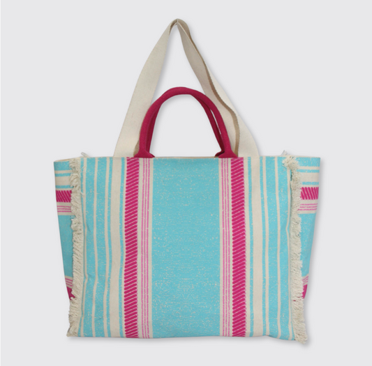 Striped Beach Bag - Cerise/Aqua