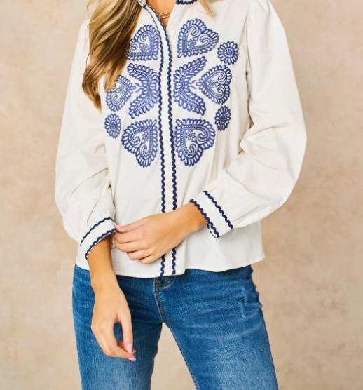 Embroidered Hearts Blouse - Blue & White