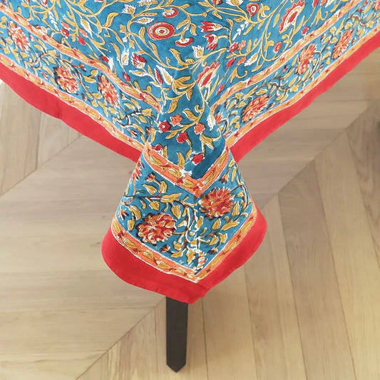 Dark Teal & Red Block Print Tablecloth